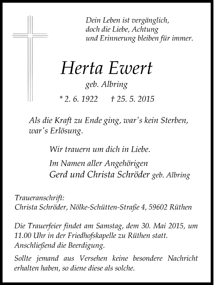  Traueranzeige für Herta Ewert vom 28.05.2015 aus Tageszeitung