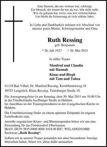 Traueranzeige von Ruth Ressing von Tageszeitung