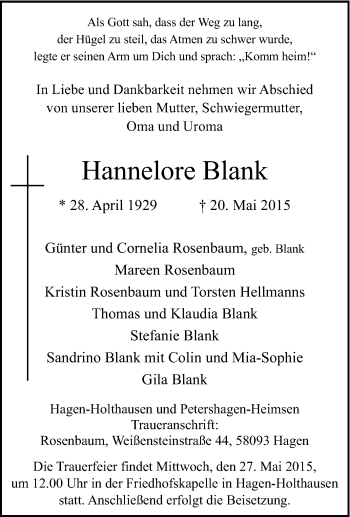 Traueranzeige von Hannelore Blank von Tageszeitung