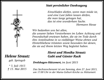 Traueranzeige von Helene Strautz von Tageszeitung