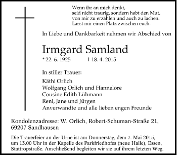 Traueranzeige von Irmgard Samland von Tageszeitung