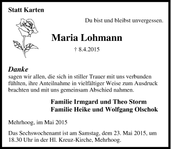 Traueranzeige von Maria Lohmann von Tageszeitung