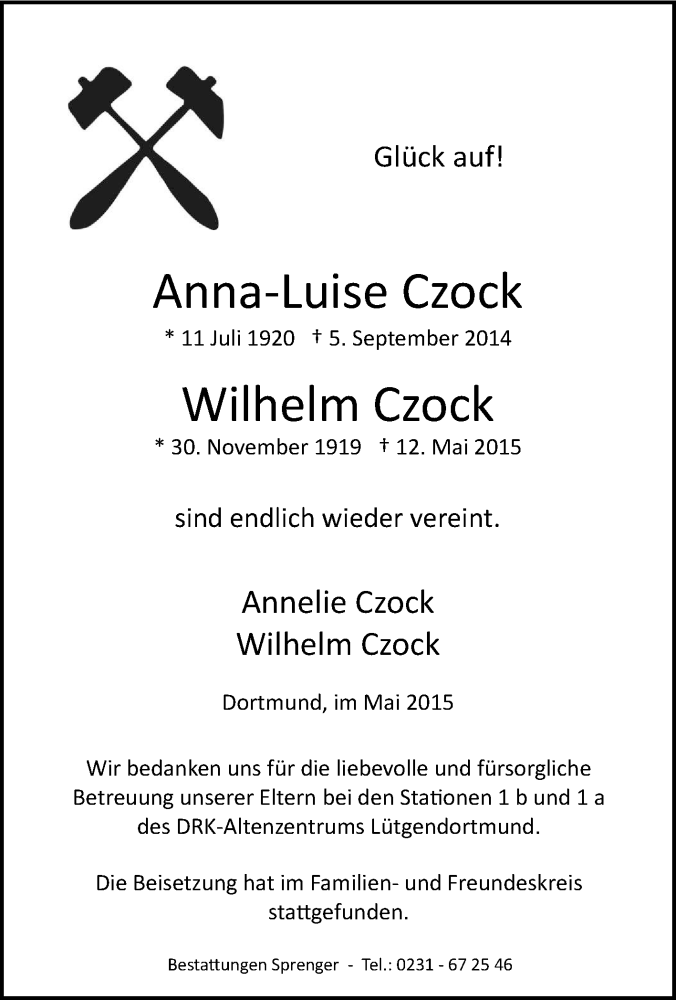  Traueranzeige für Anna-Luise und Wilhelm Czock vom 21.05.2015 aus Tageszeitung