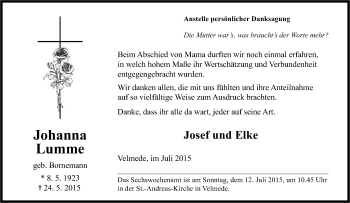 Traueranzeige von Johanna Lumme von Tageszeitung