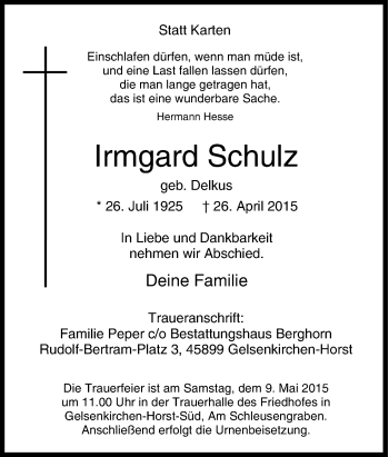 Traueranzeige von Irmgard Schulz von Tageszeitung