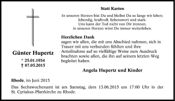 Traueranzeige von Günter Hupertz von Tageszeitung
