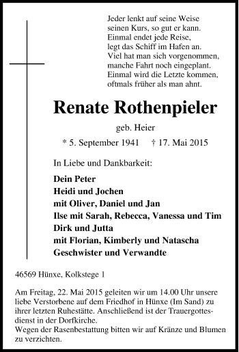 Traueranzeige von Renate Rothenpieler von Tageszeitung