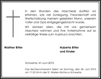 Traueranzeige von Walther Bitter von Tageszeitung