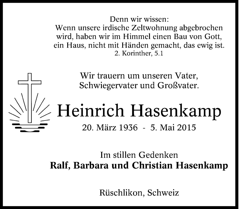  Traueranzeige für Heinrich Hasenkamp vom 16.05.2015 aus Tageszeitung