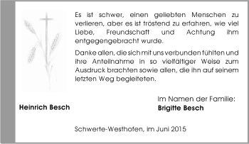 Traueranzeige von Heinrich Besch von Tageszeitung