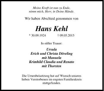Traueranzeige von Hans Kehl von Tageszeitung
