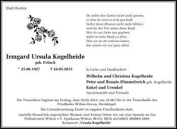 Traueranzeige von Irmgard Ursula Kogelheide von Tageszeitung