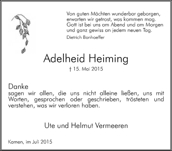 Traueranzeige von Adelheid Heiming von Tageszeitung