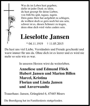 Traueranzeige von Lieselotte Jansen von Tageszeitung