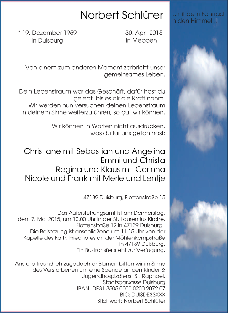  Traueranzeige für Norbert Schlüter vom 04.05.2015 aus Tageszeitung