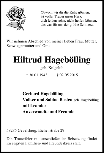 Traueranzeige von Hiltrud Hagebölling von Tageszeitung