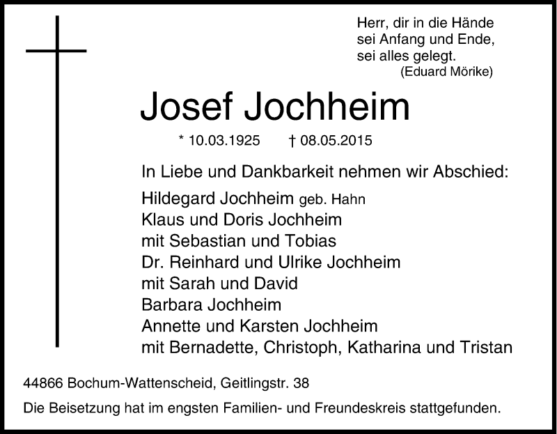  Traueranzeige für Josef Jochheim vom 16.05.2015 aus Tageszeitung