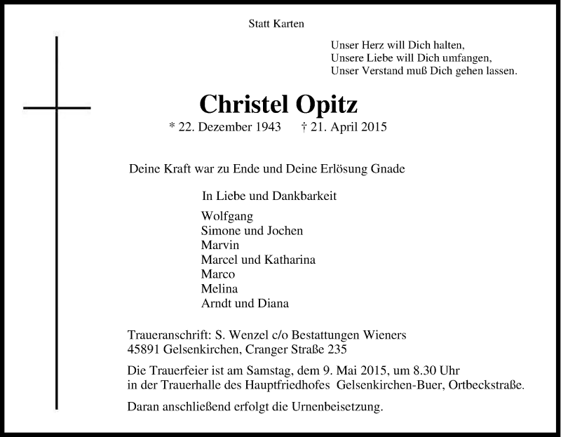 Traueranzeigen Von Christel Opitz Trauer In Nrw De