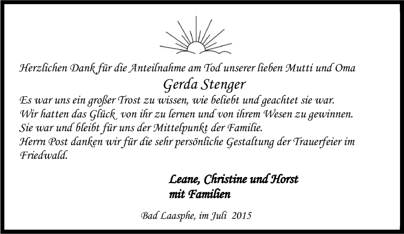  Traueranzeige für Gerda Stenger vom 27.05.2015 aus Tageszeitung