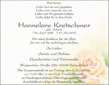 Traueranzeige von Hannelore Kretschmer von Tageszeitung