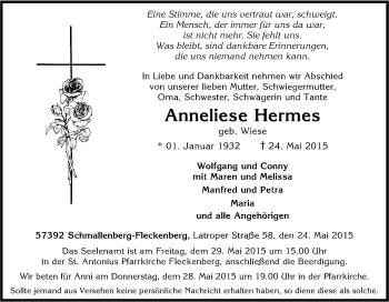 Traueranzeige von Anneliese Hermes von Tageszeitung