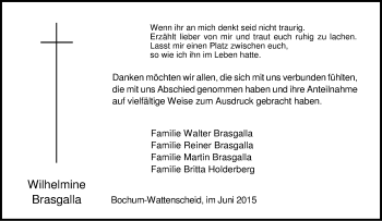 Traueranzeige von Wilhelmine Brasgalla von Tageszeitung