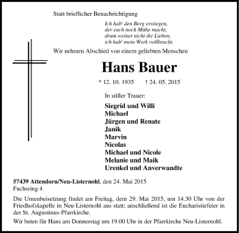 Traueranzeige von Hans Bauer von Tageszeitung