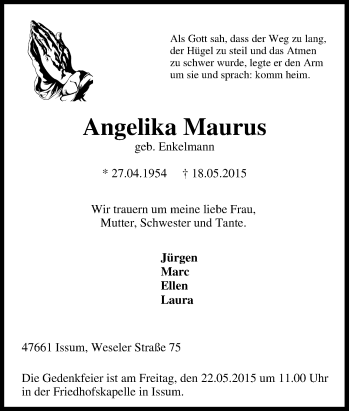 Traueranzeige von Angelika Maurus von Tageszeitung