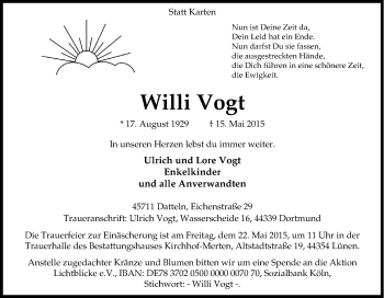 Traueranzeige von Willi Vogt von Tageszeitung