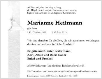 Traueranzeige von Marianne Heilmann von Tageszeitung