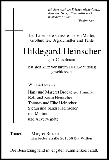 Traueranzeige von Hildegard Heinscher von Tageszeitung