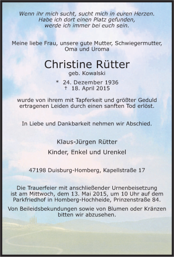 Traueranzeige von Christine Rütter von Tageszeitung
