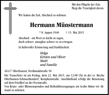 Traueranzeige von Hermann Münstermann von Tageszeitung