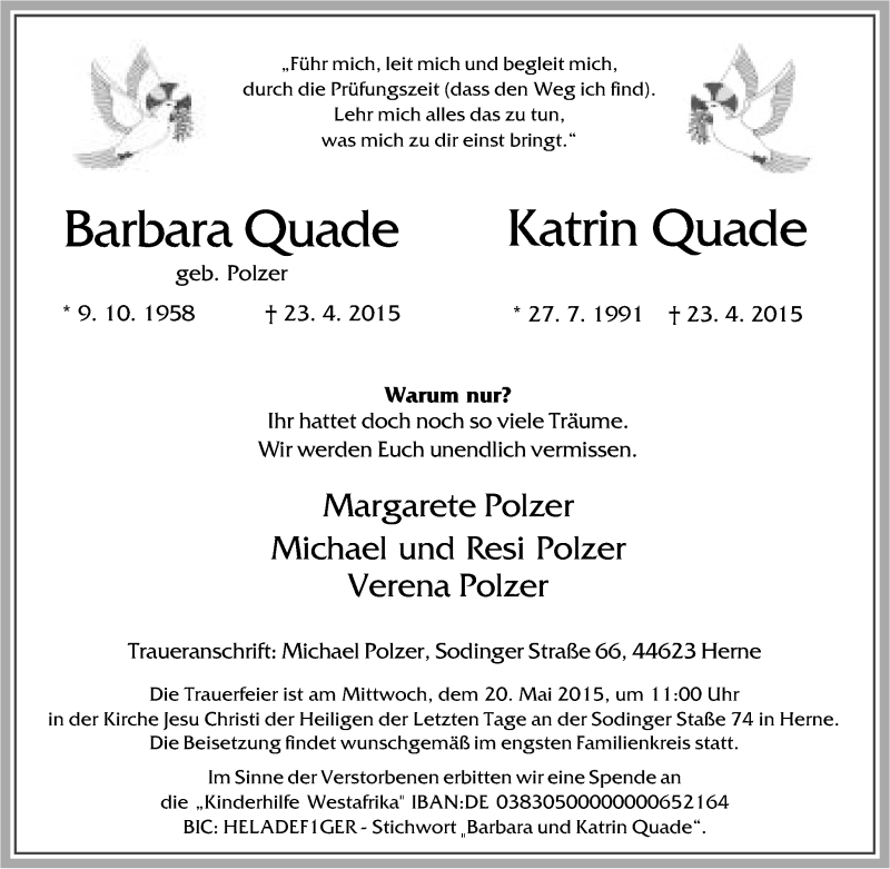  Traueranzeige für Barbara und Katrin Quade vom 16.05.2015 aus Tageszeitung