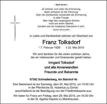 Traueranzeige von Franz Tolksdorf von Tageszeitung