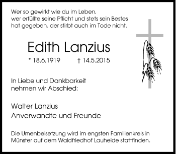 Traueranzeige von Edith Lanzius von Tageszeitung