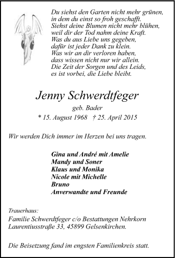 Traueranzeige von Jenny Schwerdtfeger von Tageszeitung
