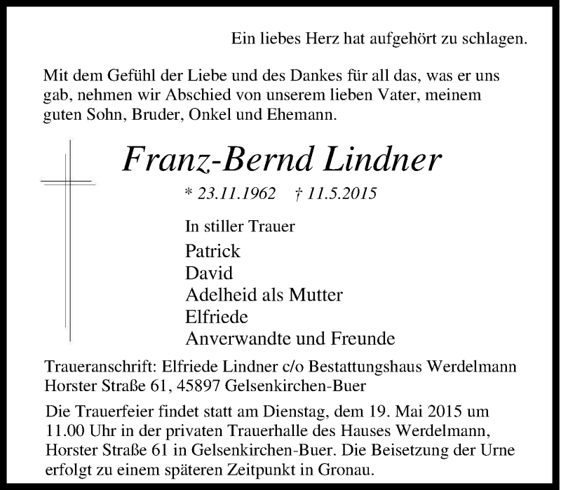 Traueranzeige für Franz-Bernd Lindner vom 14.05.2015 aus Tageszeitung