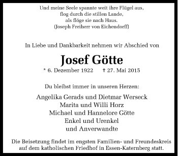 Traueranzeige von Josef Götte von Tageszeitung