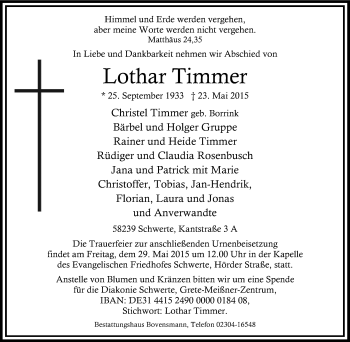 Traueranzeige von Lothar Timmer von Tageszeitung