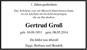 Traueranzeige von Gertrud Groß von Tageszeitung