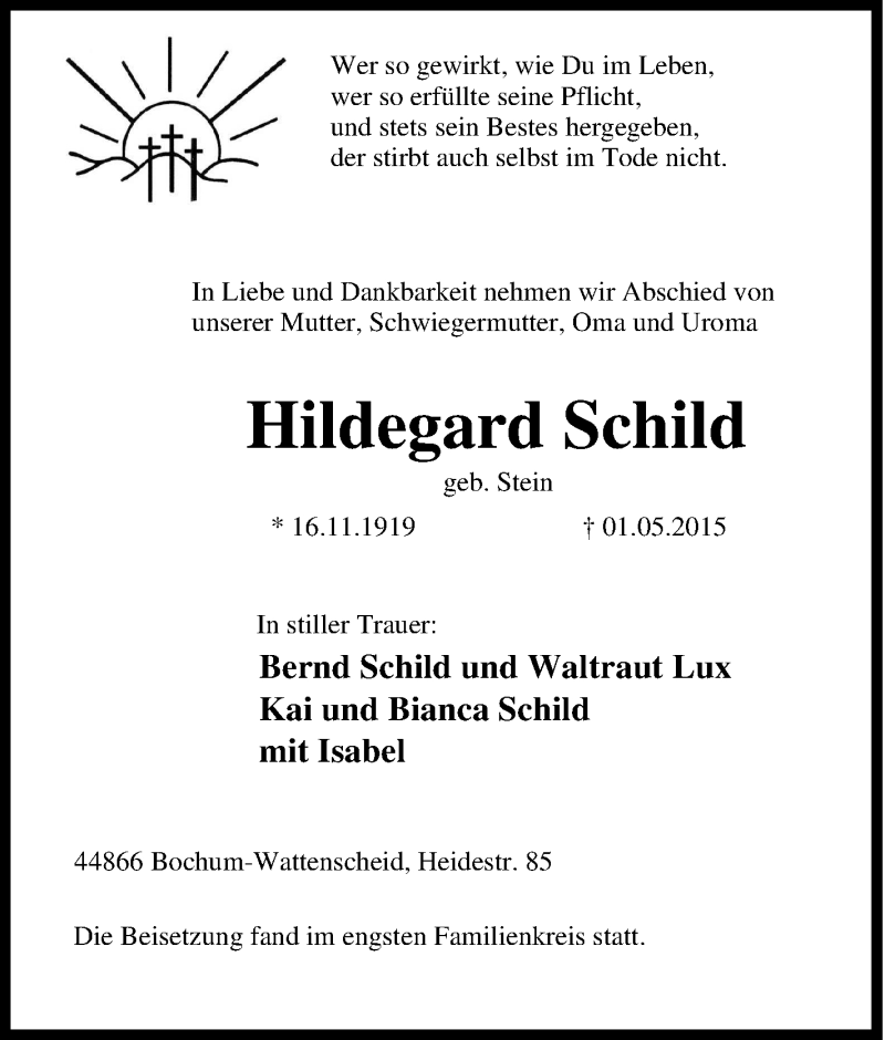  Traueranzeige für Hildegard Schild vom 09.05.2015 aus Tageszeitung