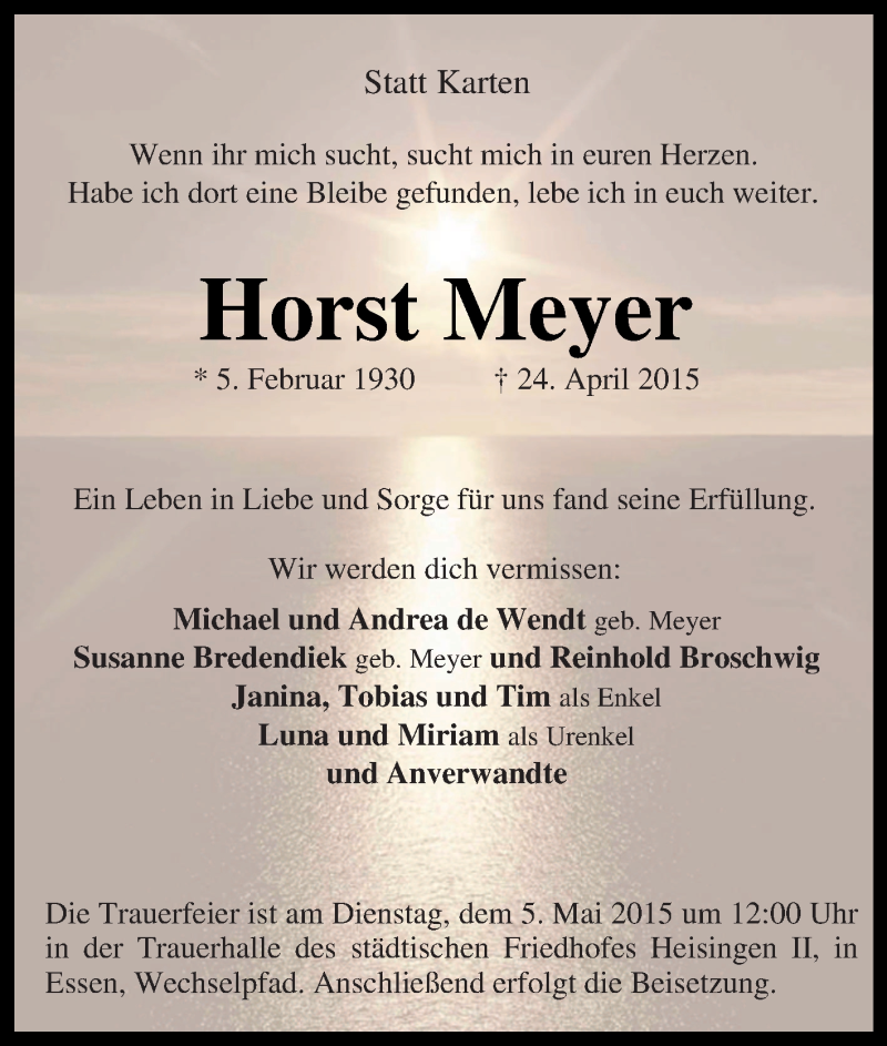  Traueranzeige für Horst Meyer vom 02.05.2015 aus Tageszeitung