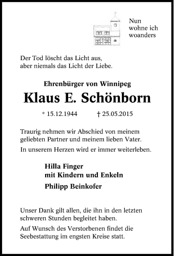 Traueranzeige von Klaus E. Schönborn von Tageszeitung