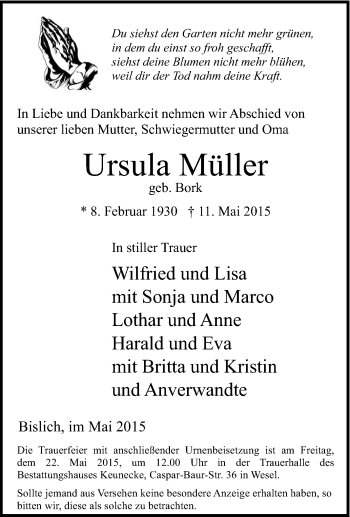 Traueranzeige von Ursula Müller von Tageszeitung