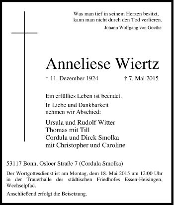 Traueranzeige von Anneliese Wiertz von Tageszeitung