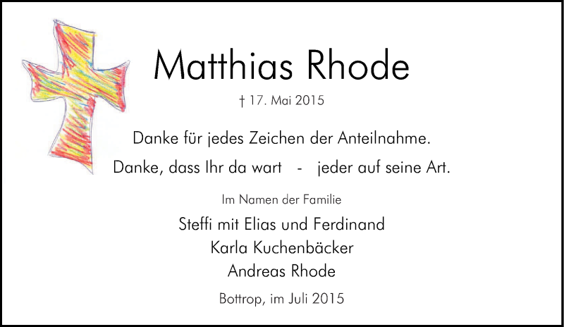  Traueranzeige für Matthias Rhode vom 26.05.2015 aus Tageszeitung