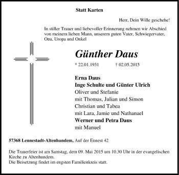 Traueranzeige von Günther Daus von Tageszeitung