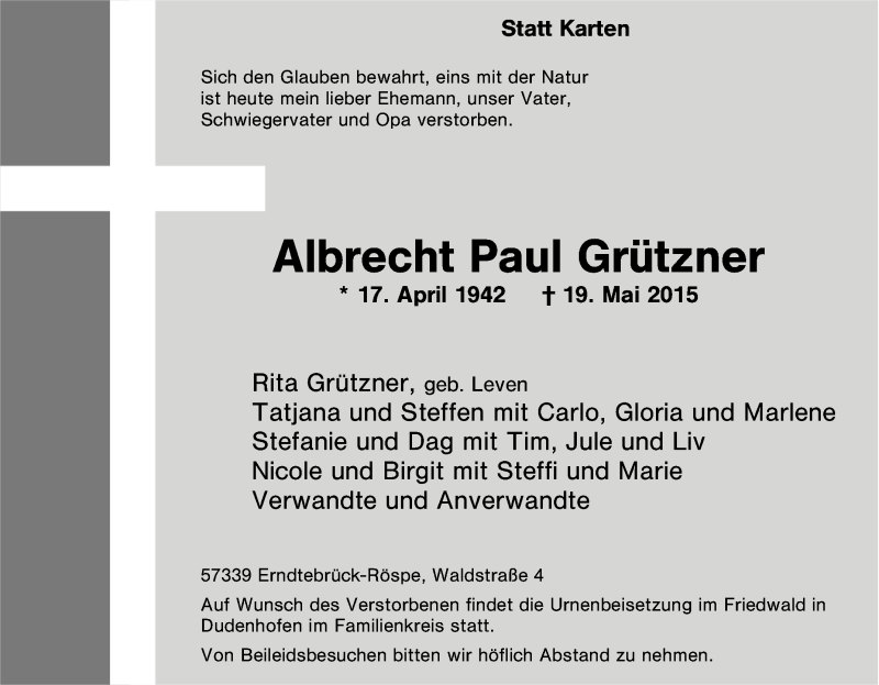  Traueranzeige für Albrecht Paul Grützner vom 21.05.2015 aus Tageszeitung