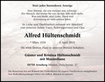 Traueranzeige von Alfred Hültenschmidt von Tageszeitung